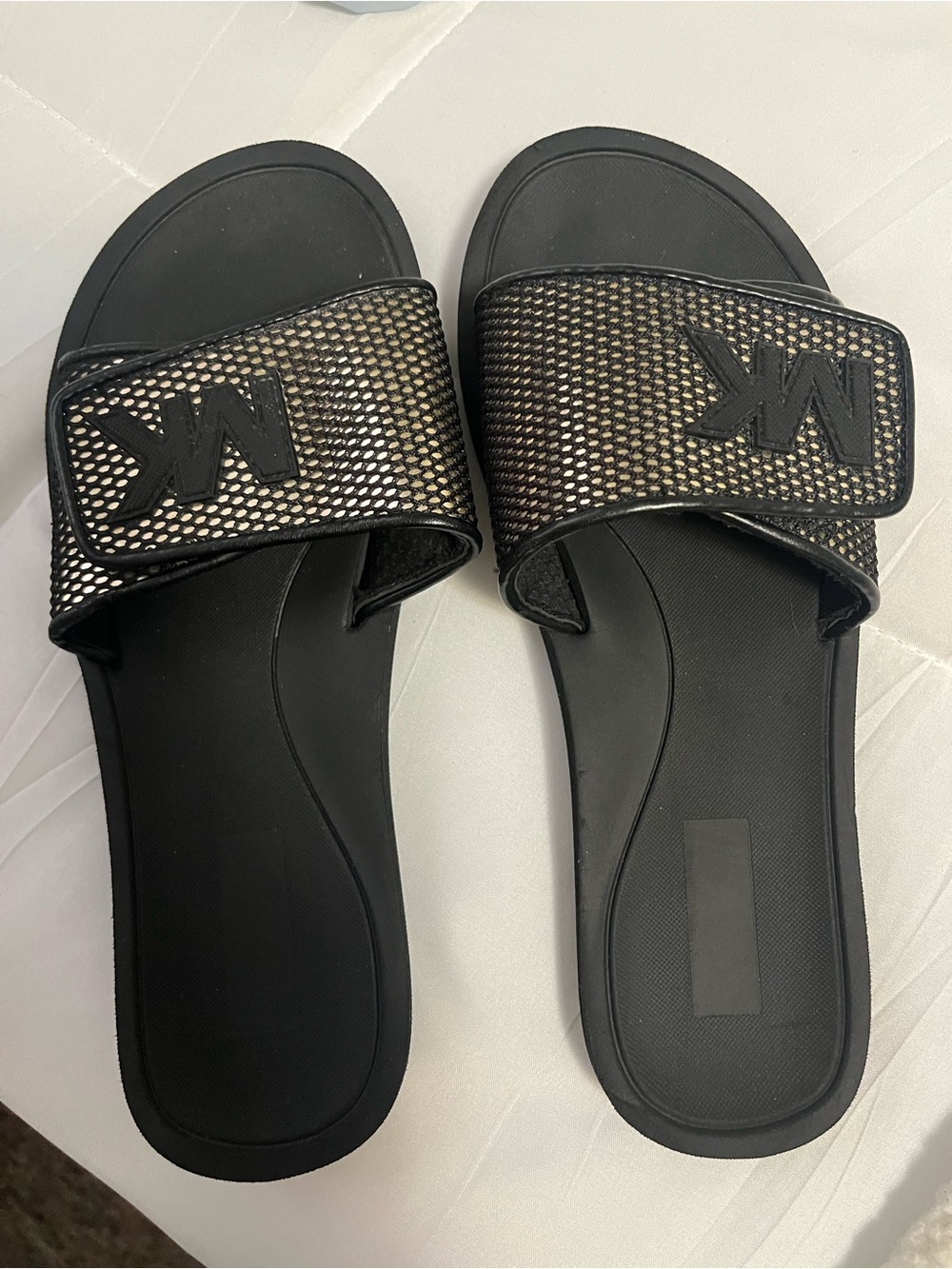 Michael Kors Black Slides with Metallic Gold Mesh Strap